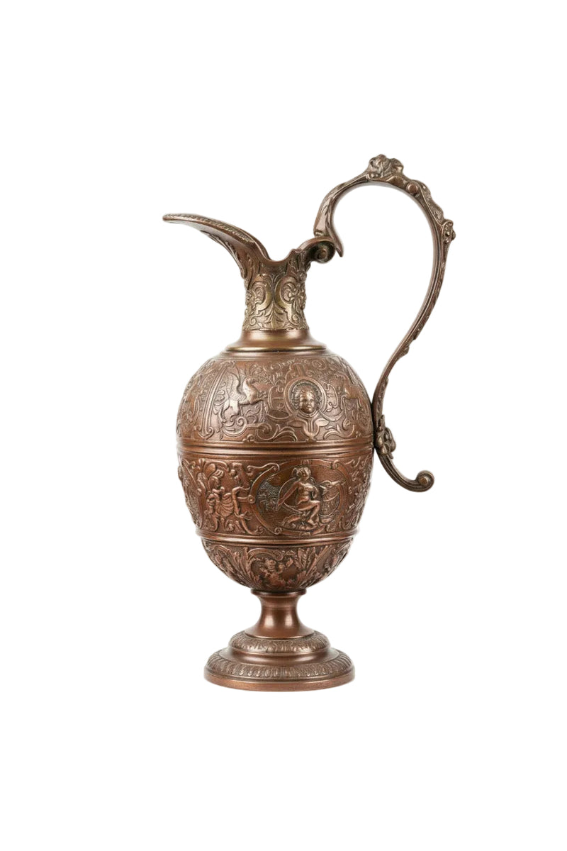 Antique Ornate Repoussé Copper & Brass Ewer Pitcher Jug Figural Decor 1.6kg|286941517379
