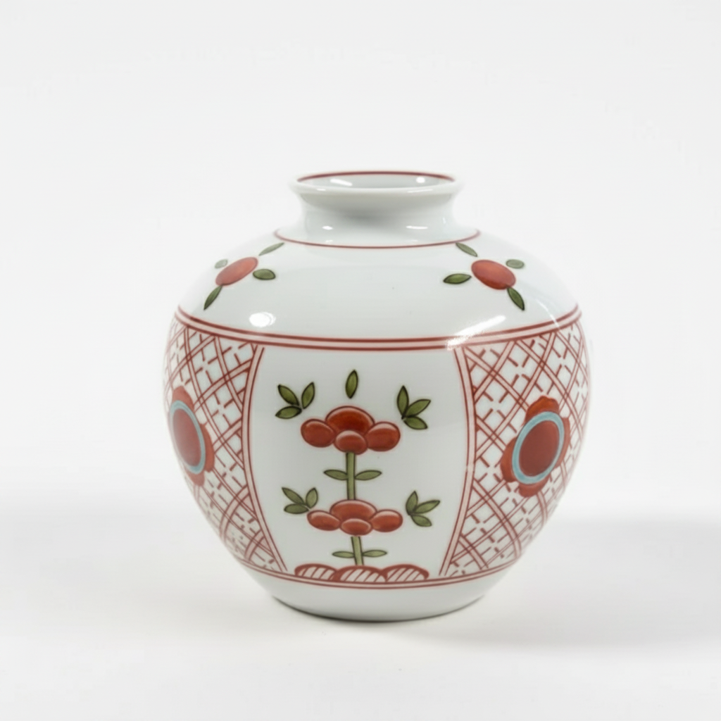Vintage Japanese Porcelain Bud Vase - Hand Painted Red Floral Lattice|286964328741