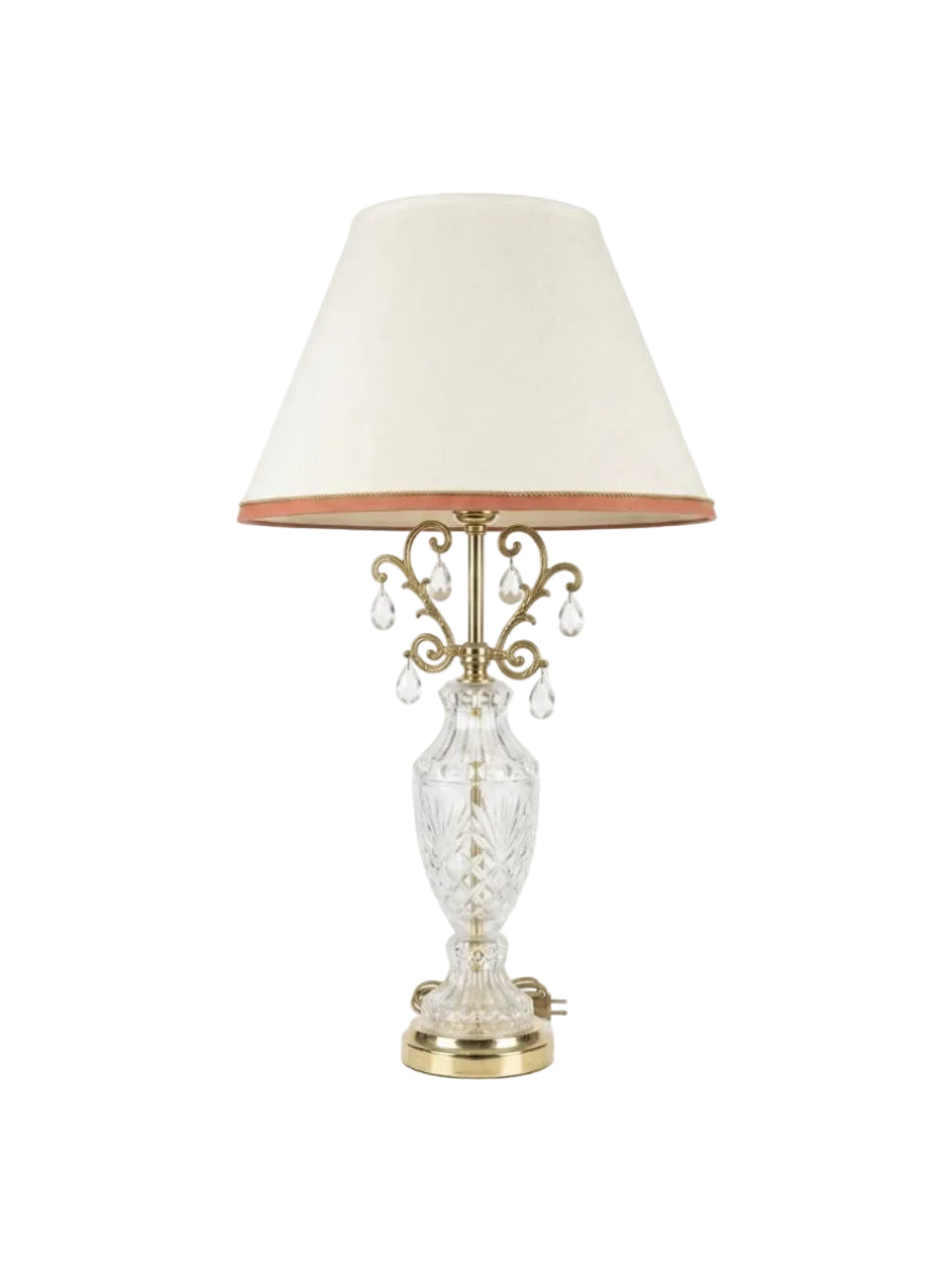Large Vintage Crystal Brass Table Lamp with Fabric Shade & Hanging Drops