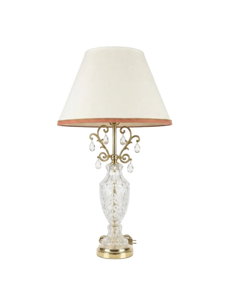 Large Vintage Crystal Brass Table Lamp with Fabric Shade & Hanging Drops