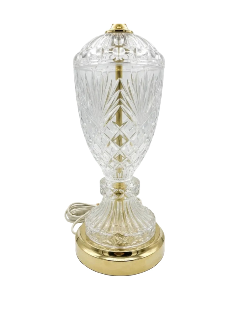 Large Vintage Crystal Brass Table Lamp with Fabric Shade & Hanging Drops
