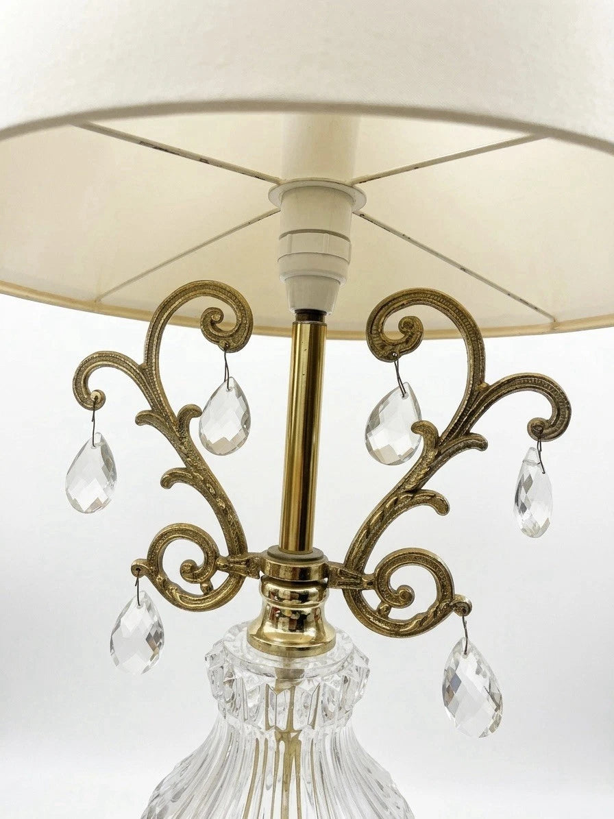 Large Vintage Crystal Brass Table Lamp with Fabric Shade & Hanging Drops