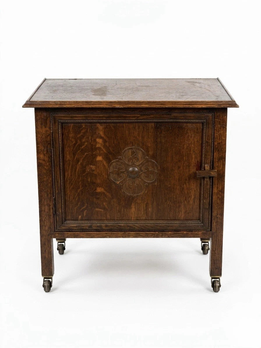 Antique Oak Side Cabinet with Carved Door & Casters | Edwardian UK
