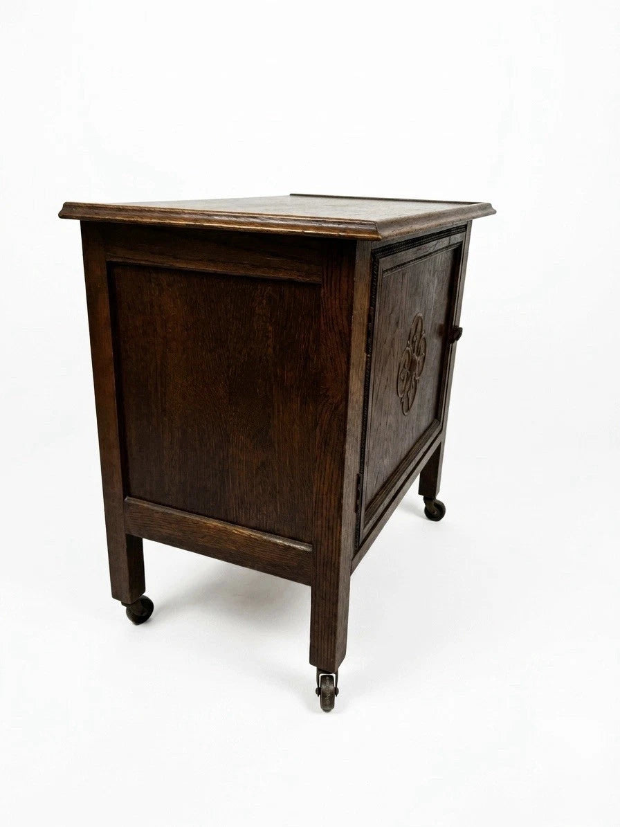 Antique Oak Side Cabinet with Carved Door & Casters | Edwardian UK