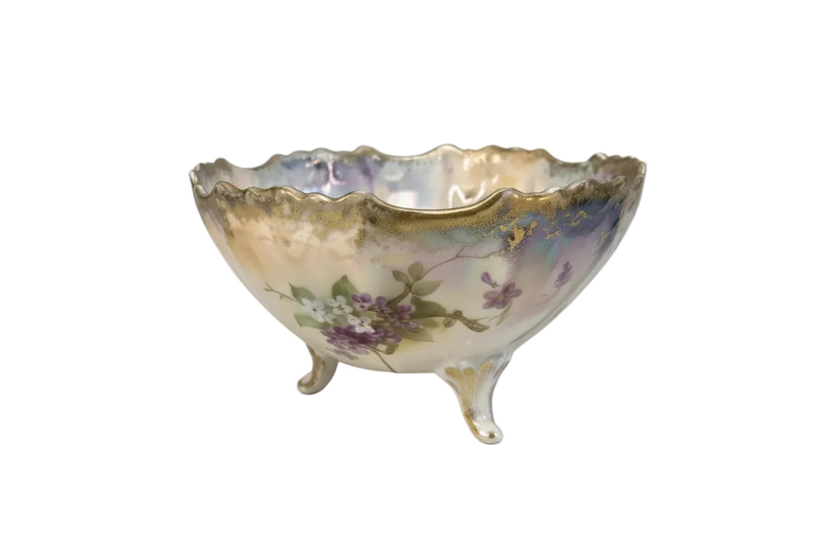Antique German Footed Porcelain Centrepiece Bowl-Floral & Gold Shell|286938052401