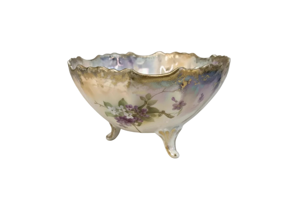 Antique German Footed Porcelain Centrepiece Bowl-Floral & Gold Shell|286938052401