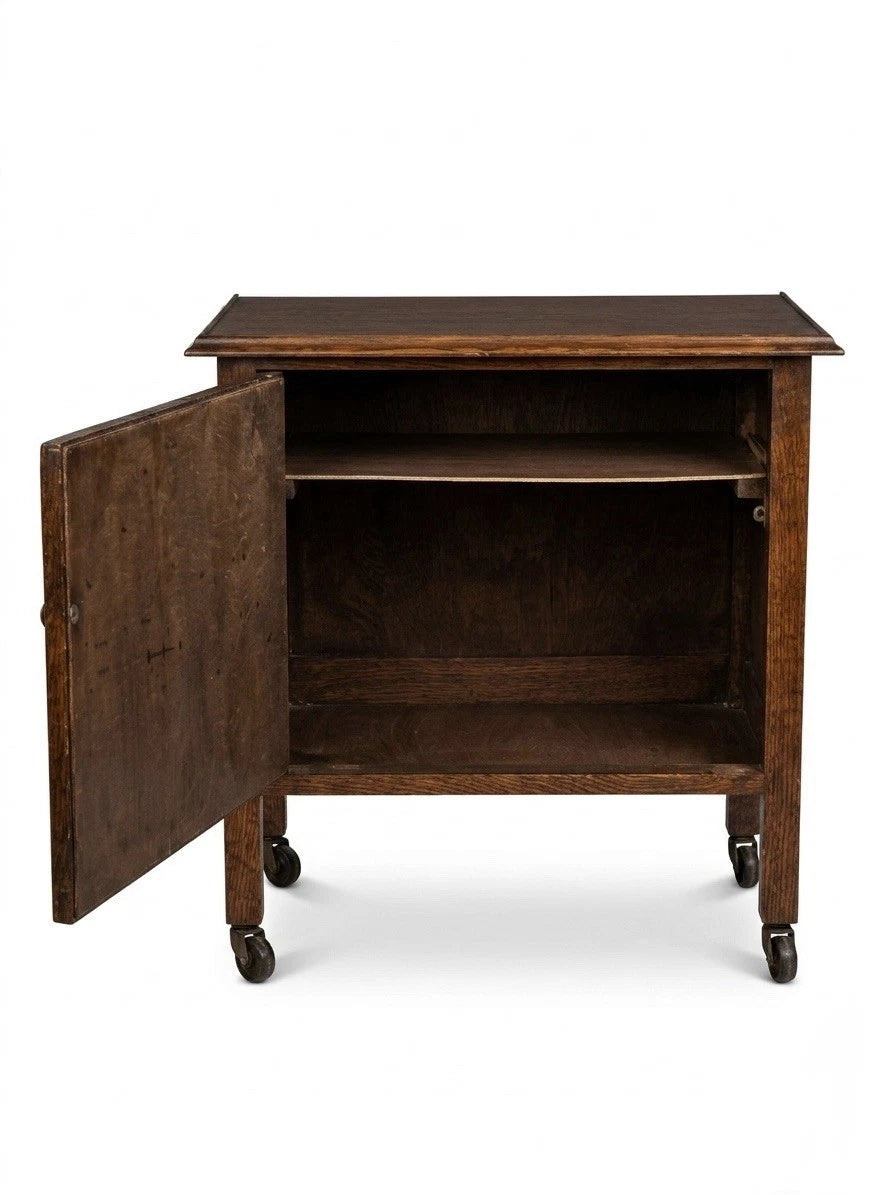 Antique Oak Side Cabinet with Carved Door & Casters | Edwardian UK
