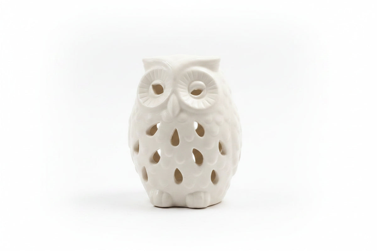 Vintage White Bisque Ceramic Owl Tea Light Holder - Pierced Porcelain Votive|287132157889