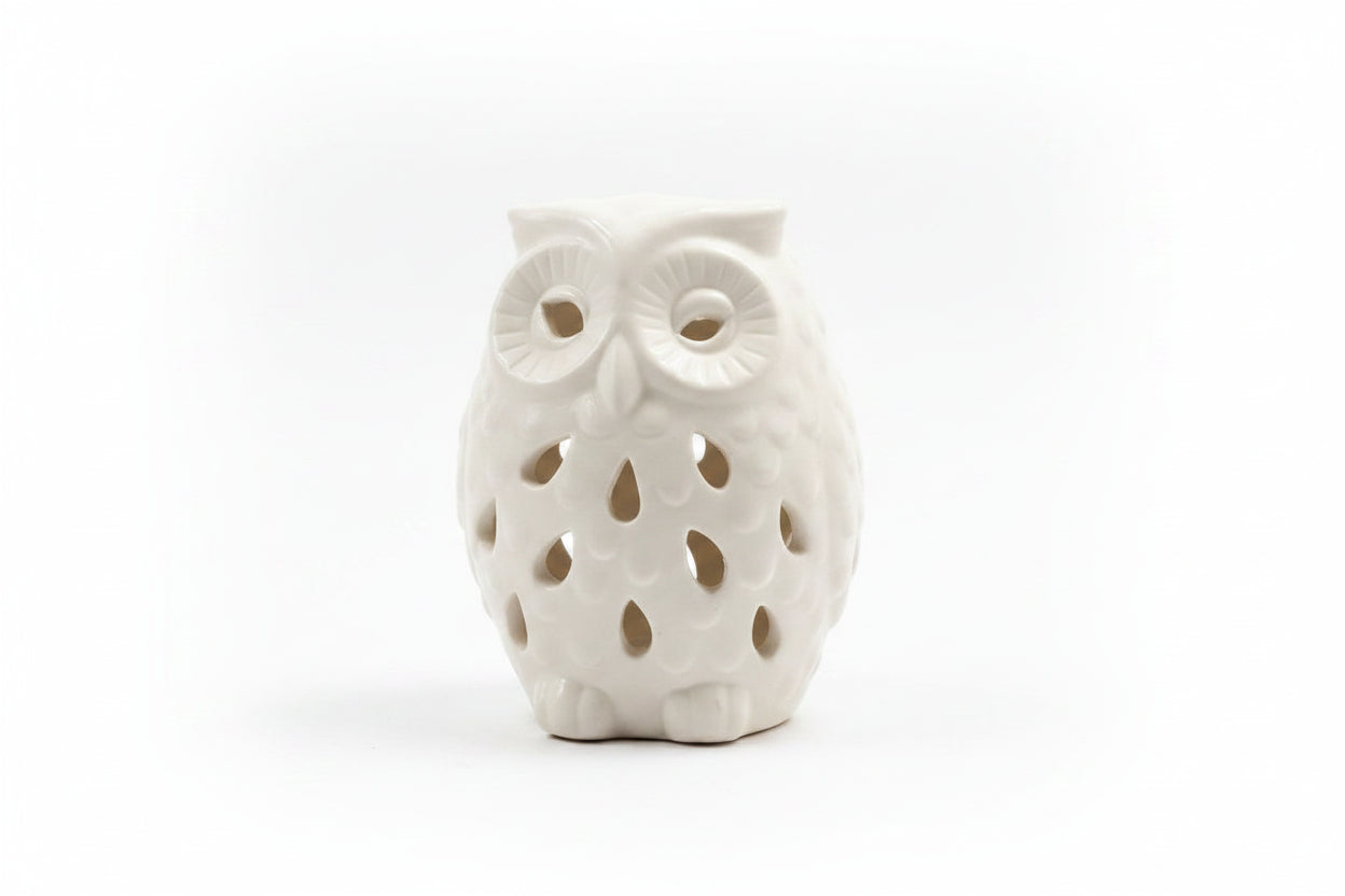 Vintage White Bisque Ceramic Owl Tea Light Holder - Pierced Porcelain Votive|287132157889