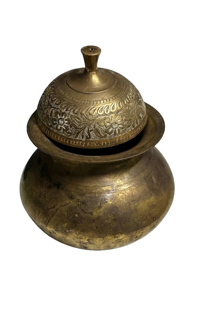 Vintage Hand-Etched Solid Brass Lidded Pot Indian Jar