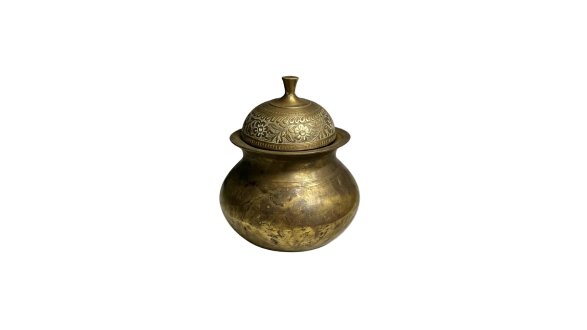 Vintage Hand-Etched Solid Brass Lidded Pot Indian Jar