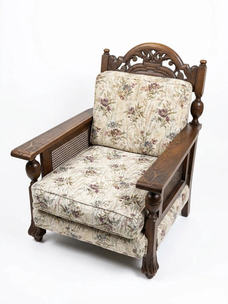 Antique Ornate Carved Wood & Rattan 3 Piece Lounge Suite Sofa Set
