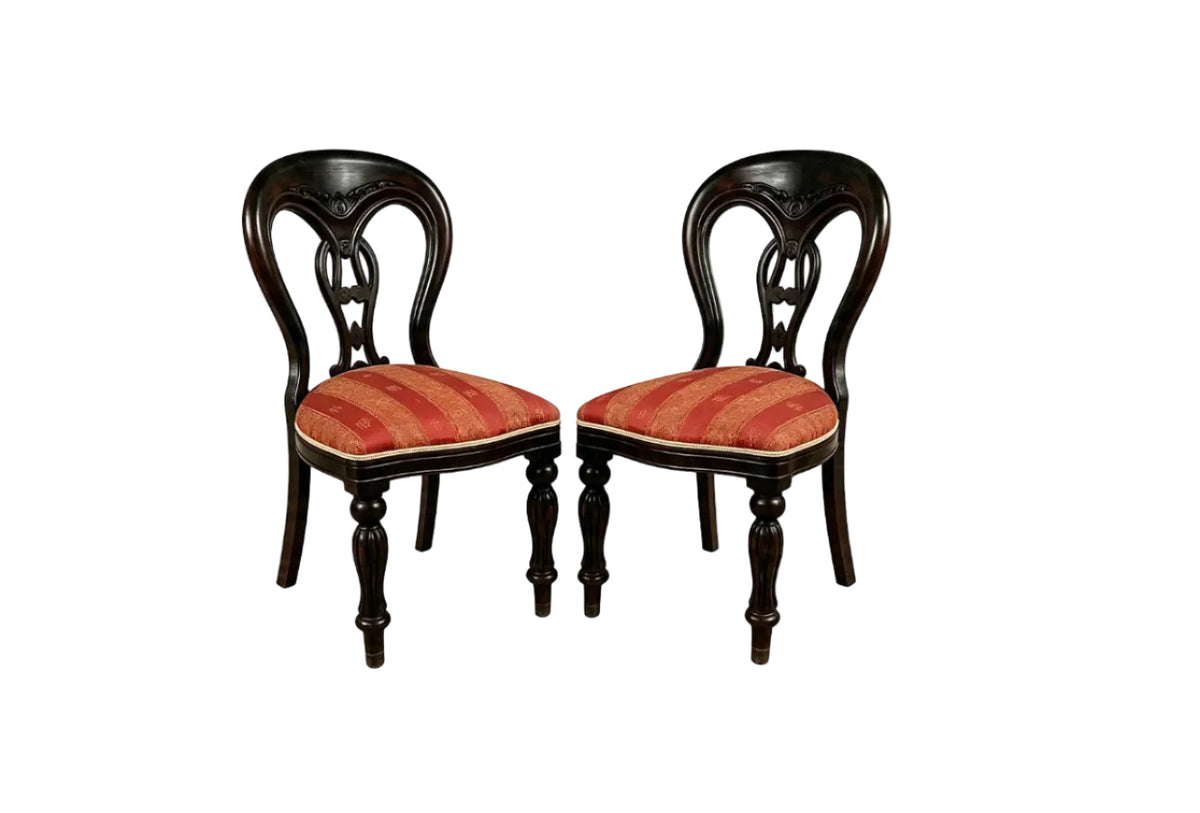 Pair Victorian Balloon Back Dining Chairs — Red Brocade