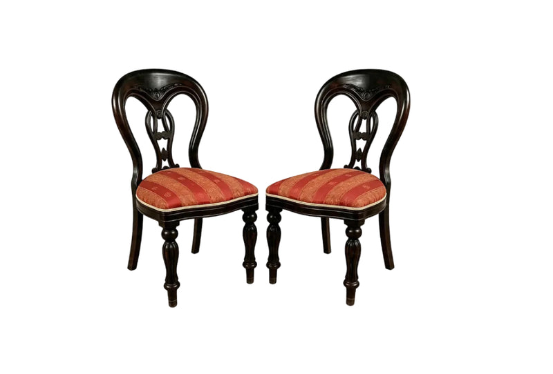 Pair Victorian Balloon Back Dining Chairs — Red Brocade