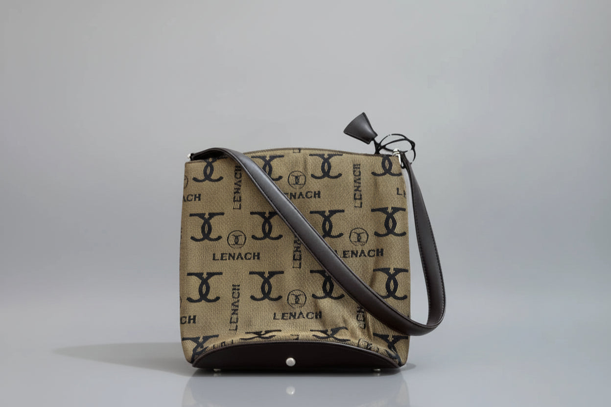 Vintage Lenach Monogram Canvas Shoulder Bag Crossbody Brown Khaki Small Purse|286845278007