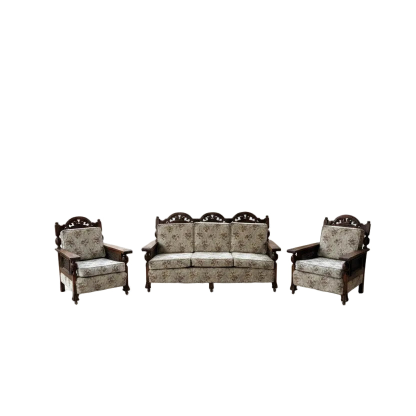Antique Ornate Carved Wood & Rattan 3 Piece Lounge Suite Sofa Set