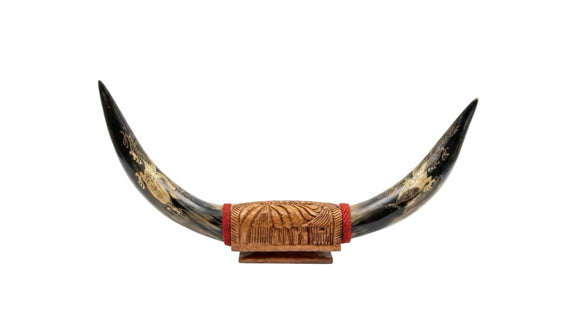 Vintage Hand-Carved Water Buffalo Horn Sculpture - Gold Dragon Etched - Folk Art|287263589202