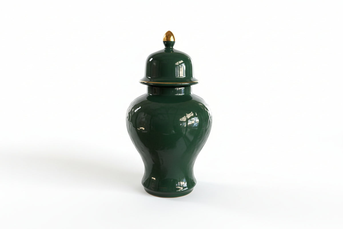 Emerald Green Temple Ginger Jar Gold Finial Home Decor Chinoiserie 10" Tall|286919024071
