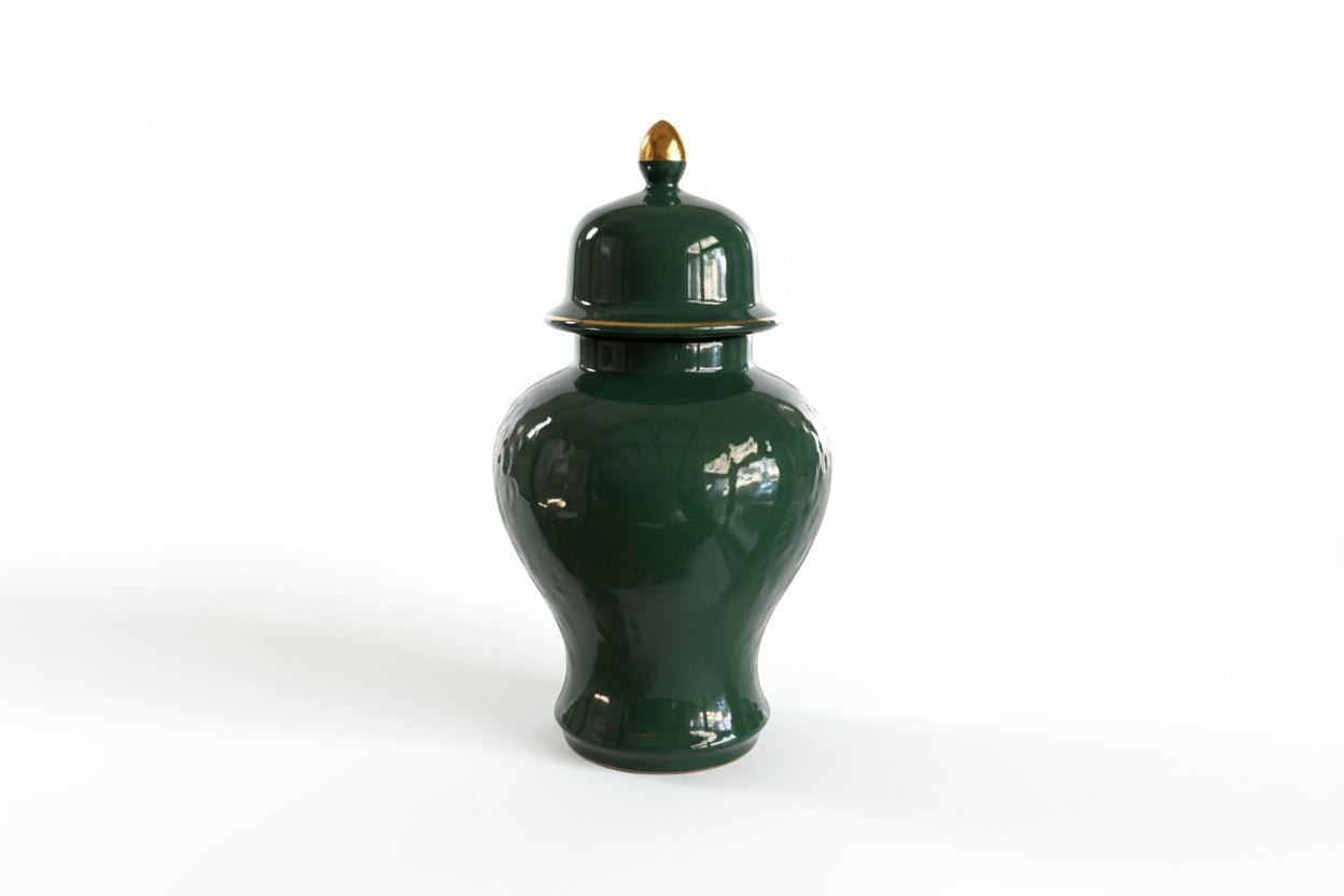 Emerald Green Temple Ginger Jar Gold Finial Home Decor Chinoiserie 10" Tall|286919024071