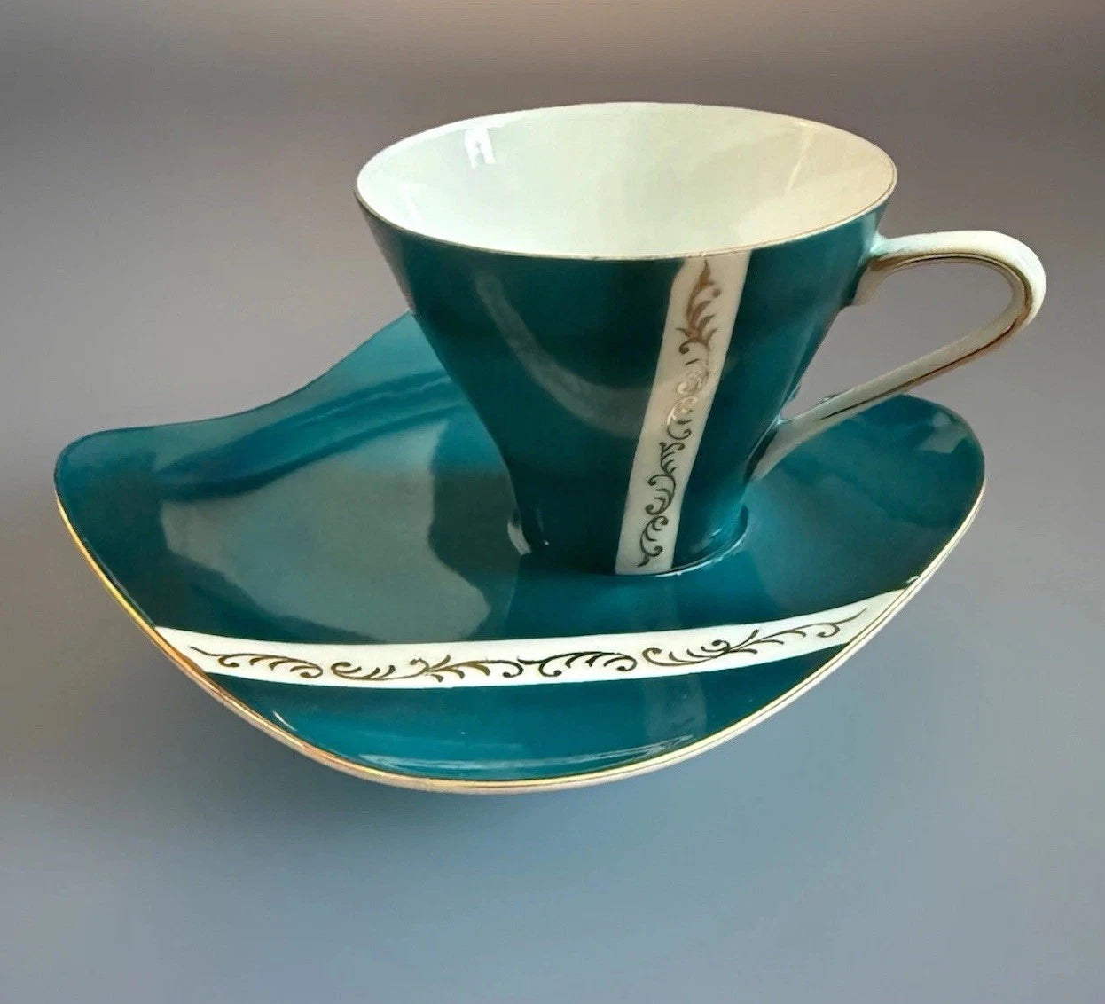 Vintage Mid Century Modern Teacup & Saucer Teal Gold Atomic Asymmetrical Japan|286895249087