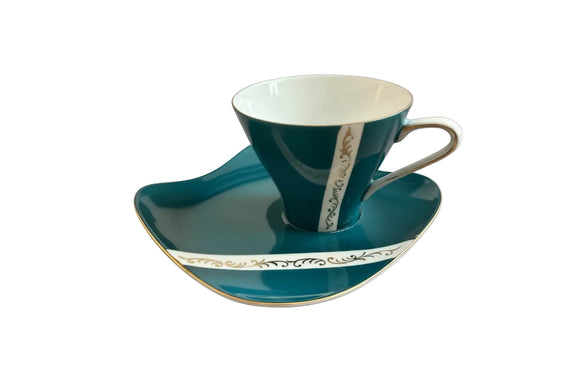 Vintage Mid Century Modern Teacup & Saucer Teal Gold Atomic Asymmetrical Japan|286895249087