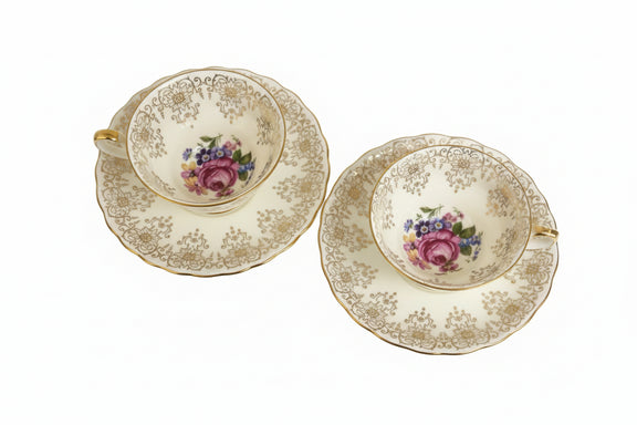 Vintage ALKA BAVARIA Teacup & Saucer Set - Gold Filigree & Rose|286920195992