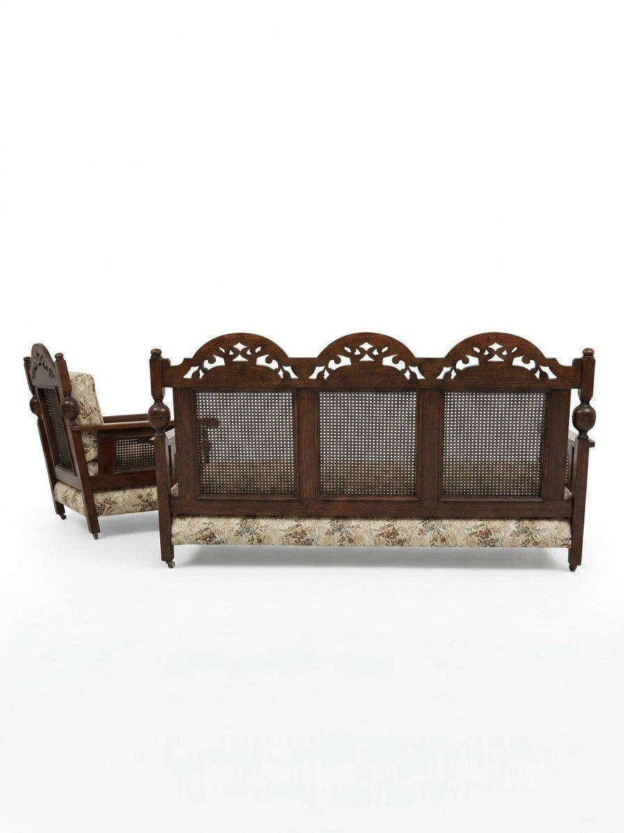 Antique Ornate Carved Wood & Rattan 3 Piece Lounge Suite Sofa Set