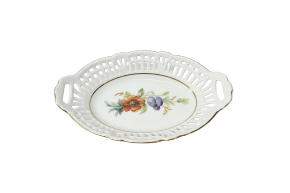 Antique Made In Germany Porcelain Trinket Dish - Hand Painted Floral Gold Trim|287099643245