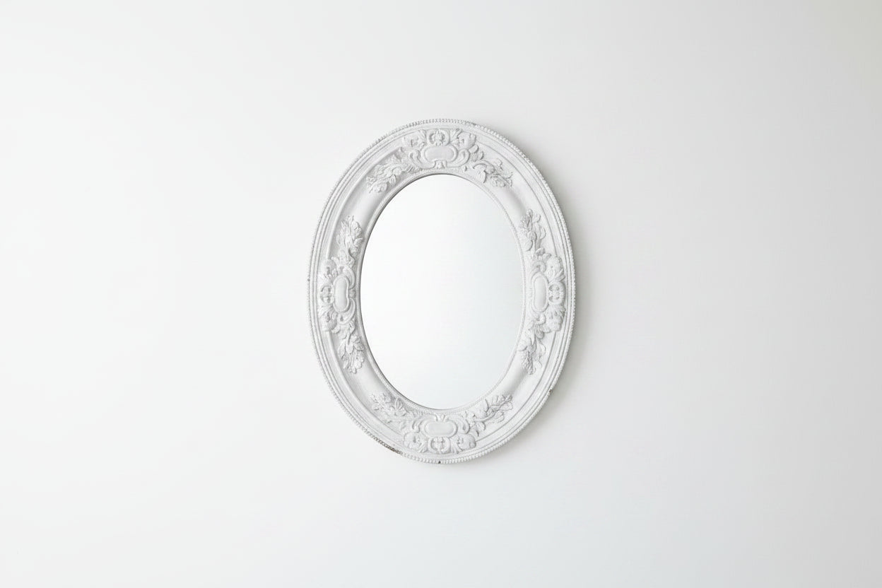 Ornate White Oval Wall Mirror - Vintage Baroque Style - Shabby Chic Studio Decor