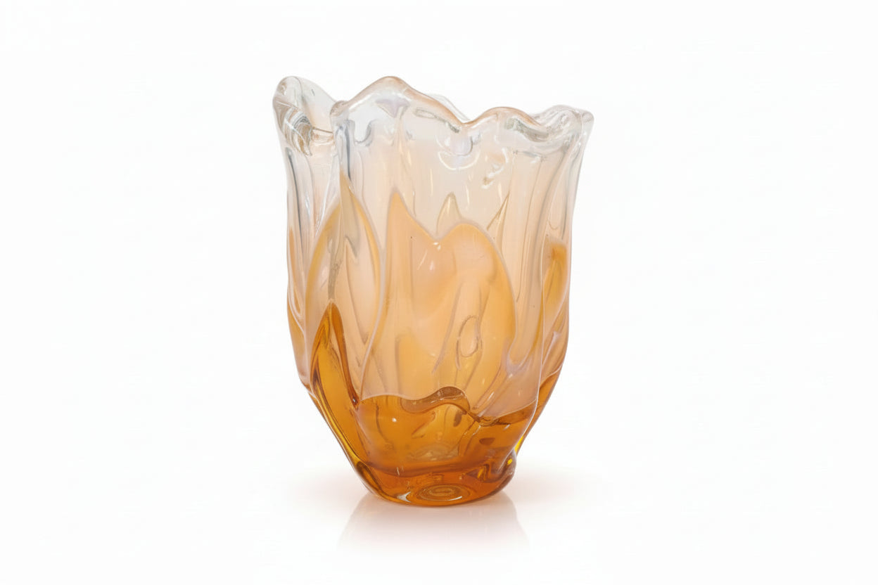 Heavy Murano Style Art Glass Vase Amber White Ruffle Handkerchief|286911224385