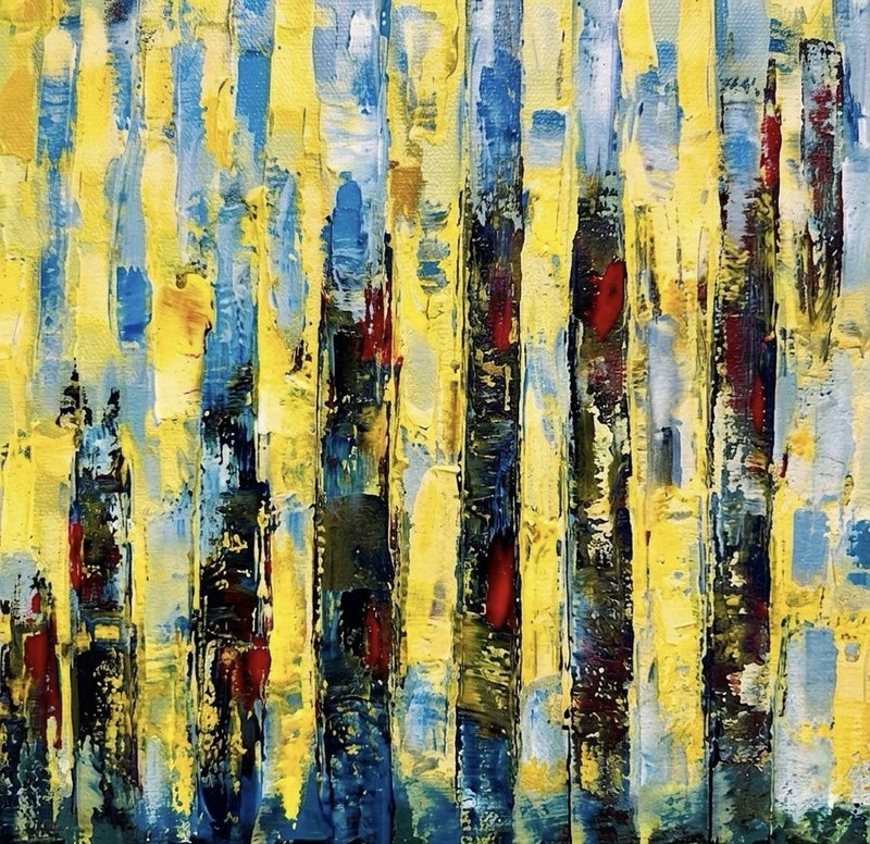 Large Abstract Expressionist Oil Painting | Yellow & Blue Cityscape OOAK
