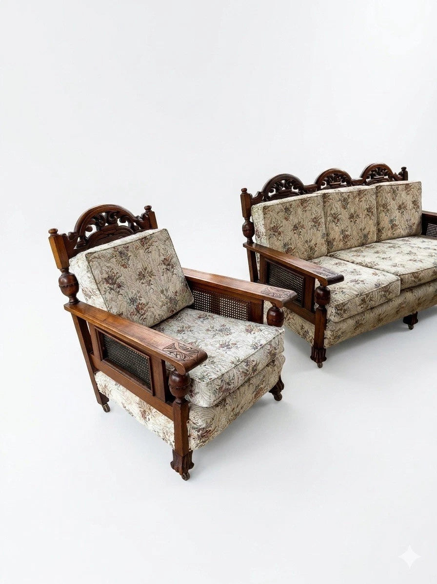 Antique Ornate Carved Wood & Rattan 3 Piece Lounge Suite Sofa Set