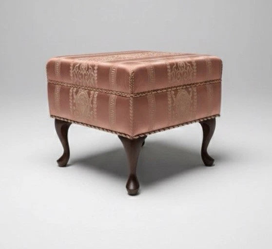 Vintage Queen Anne Style Ottoman Footstool Salmon Pink Classical Greek Key Motif|286961136952