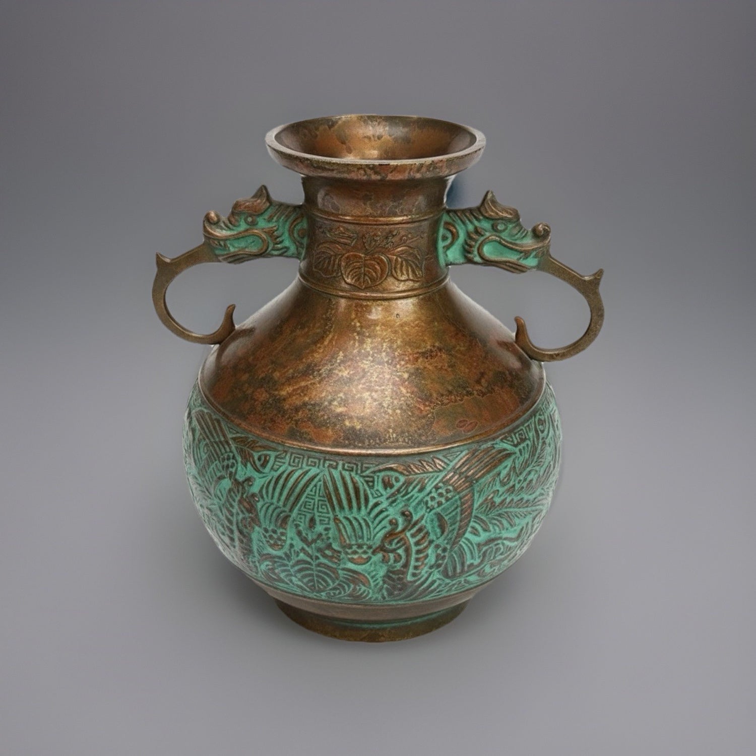 Vintage Japanese Bronze Commemorative Vase Dragon Handles & Phoenix Relief|286963894072