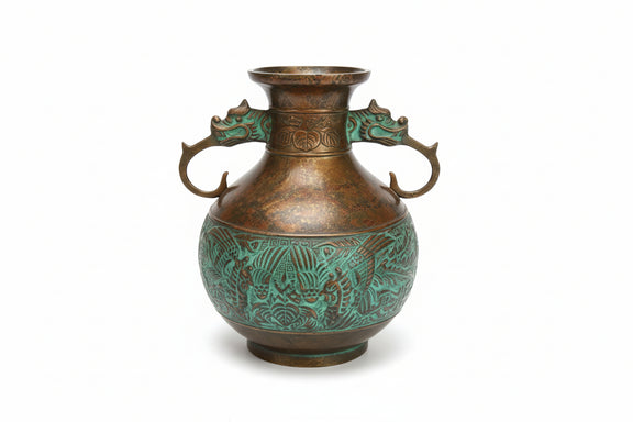 Vintage Japanese Bronze Commemorative Vase Dragon Handles & Phoenix Relief|286963894072