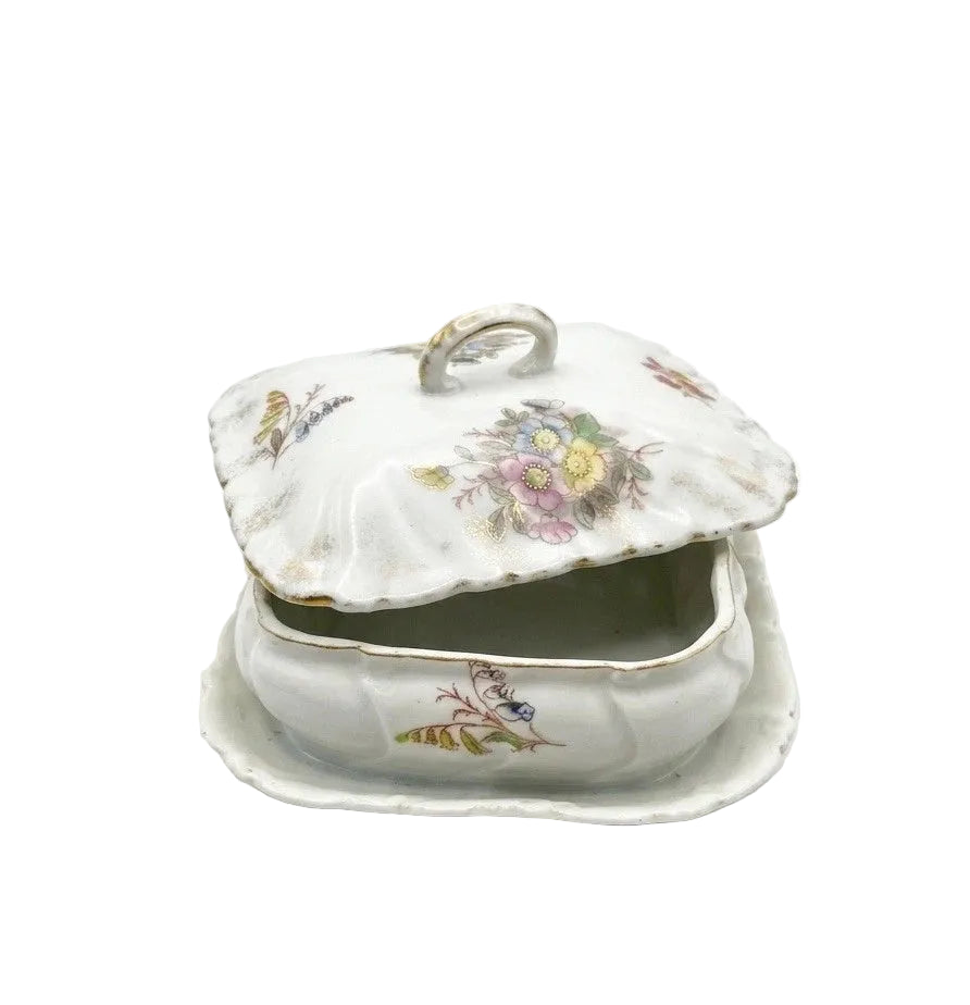 Antique Victorian Floral Porcelain Lidded Butter Dish With Underplate — Star Mark, Germany c.1850