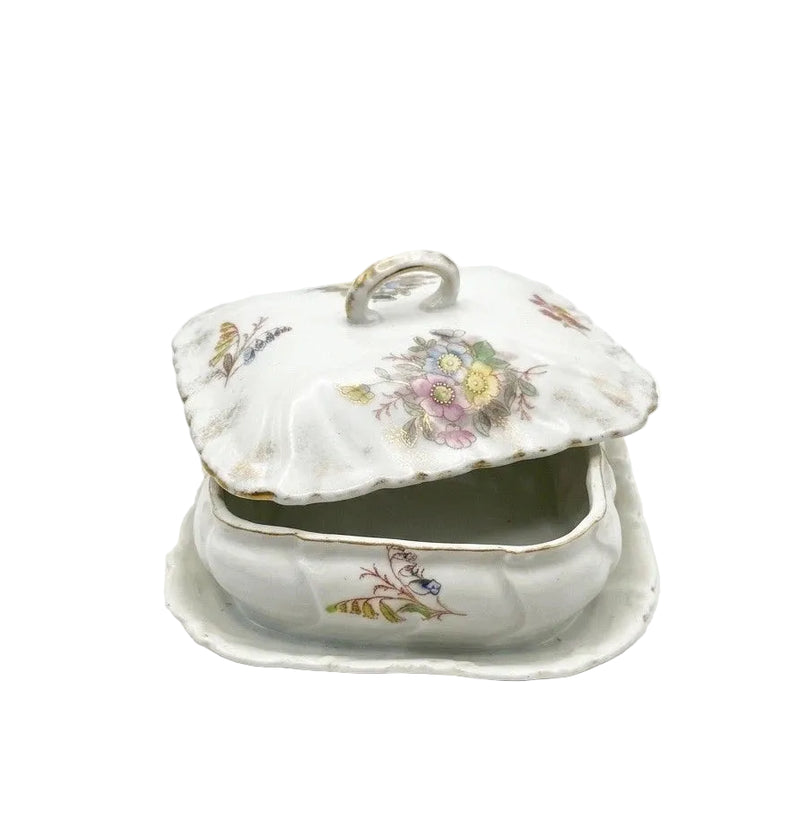 Antique Victorian Floral Porcelain Lidded Butter Dish With Underplate — Star Mark, Germany c.1850