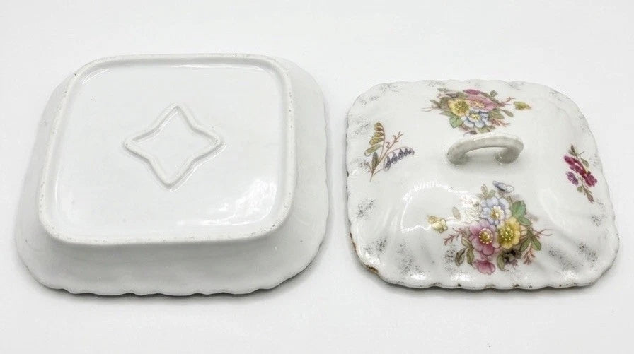 Antique Victorian Floral Porcelain Lidded Butter Dish With Underplate — Star Mark, Germany c.1850