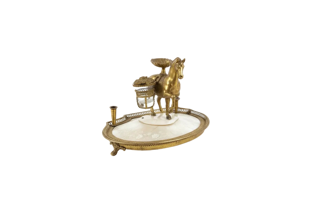Antique Victorian Brass Horse Inkwell Desk Set Mother of Pearl|286845846987