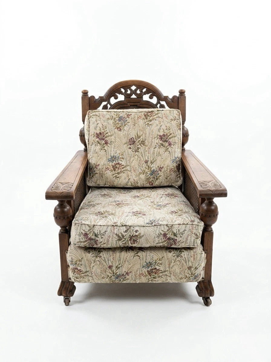 Antique Ornate Carved Wood & Rattan 3 Piece Lounge Suite Sofa Set