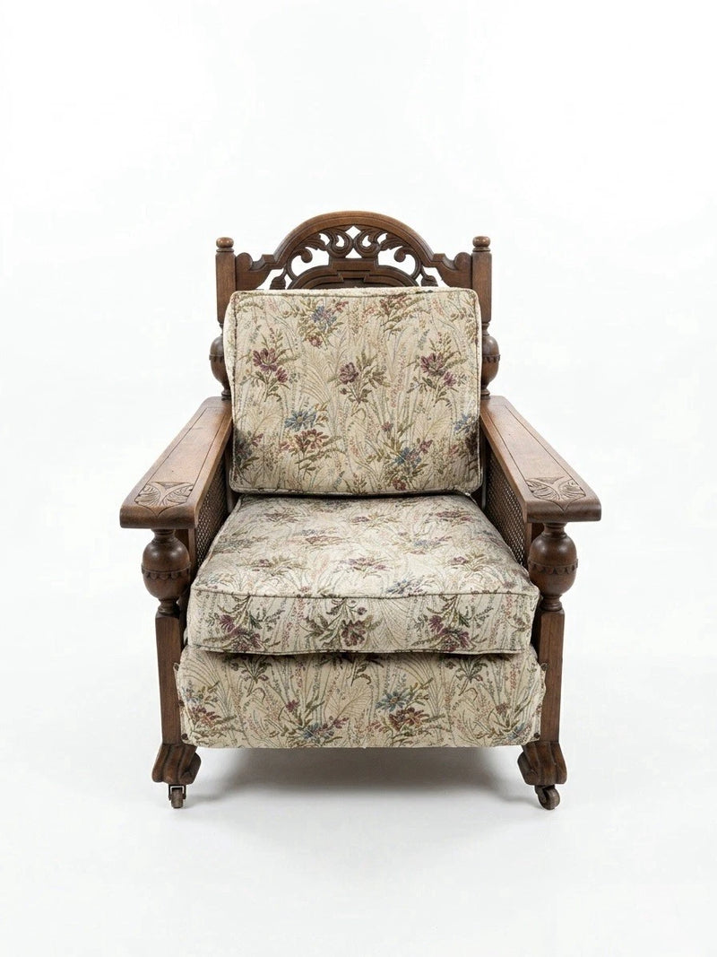 Antique Ornate Carved Wood & Rattan 3 Piece Lounge Suite Sofa Set