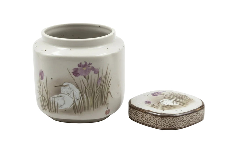 Vintage Japanese Stoneware Ginger Jar with Lid - Hand Painted Heron & Iris Motif|287067661760