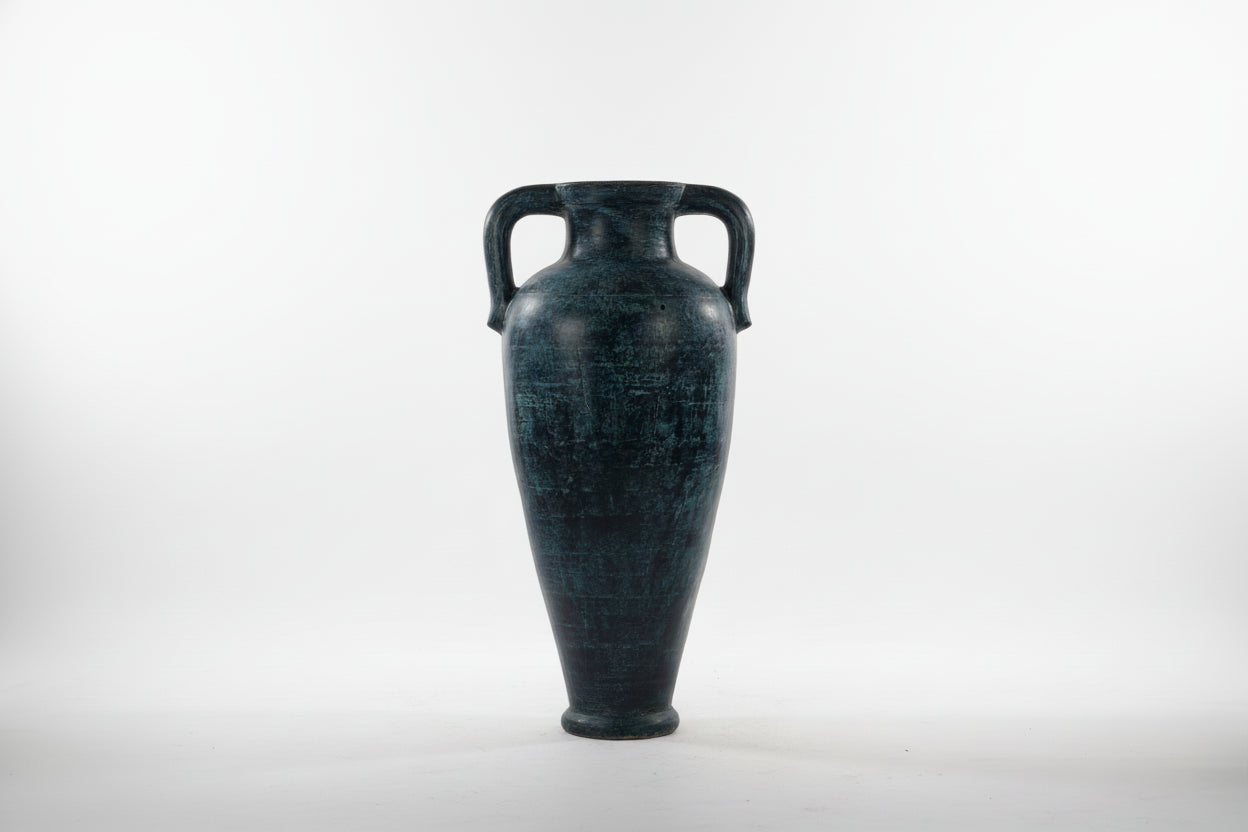 Heavy Terracotta Amphora Style Floor Vase - Blue & White Distressed Finish|286985649892