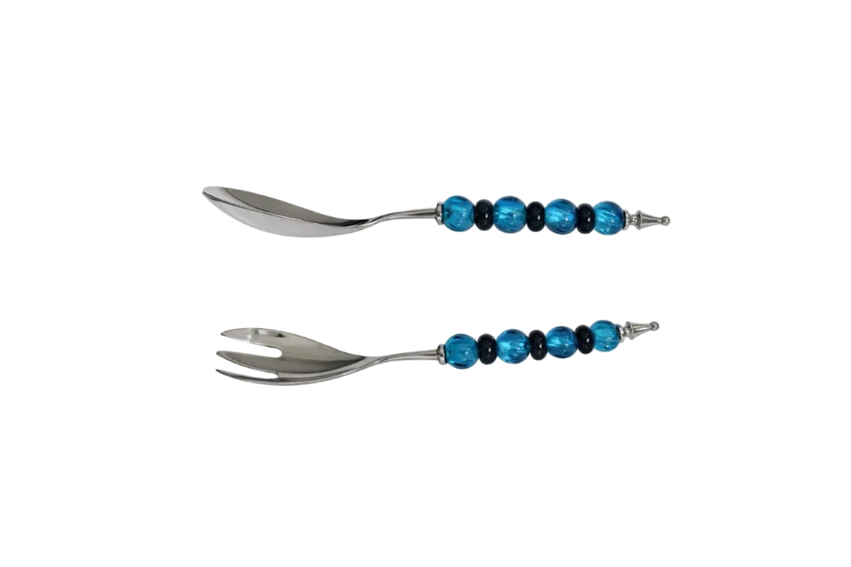 Primo India CARA Stainless Steel Salad Servers — Teal & Black Glass Beaded Handles
