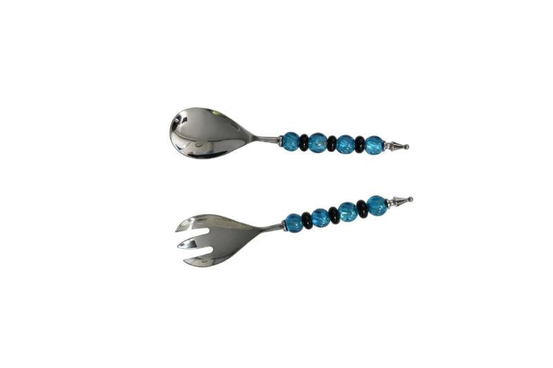 Primo India CARA Stainless Steel Salad Servers — Teal & Black Glass Beaded Handles