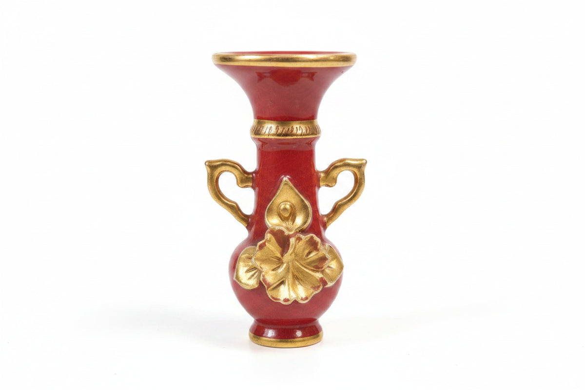 Vintage Miniature Red & Gold Floral Bud Vase - 15cm Hand-Painted Ceramic|286938716621