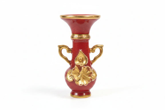 Vintage Miniature Red & Gold Floral Bud Vase - 15cm Hand-Painted Ceramic|286938716621