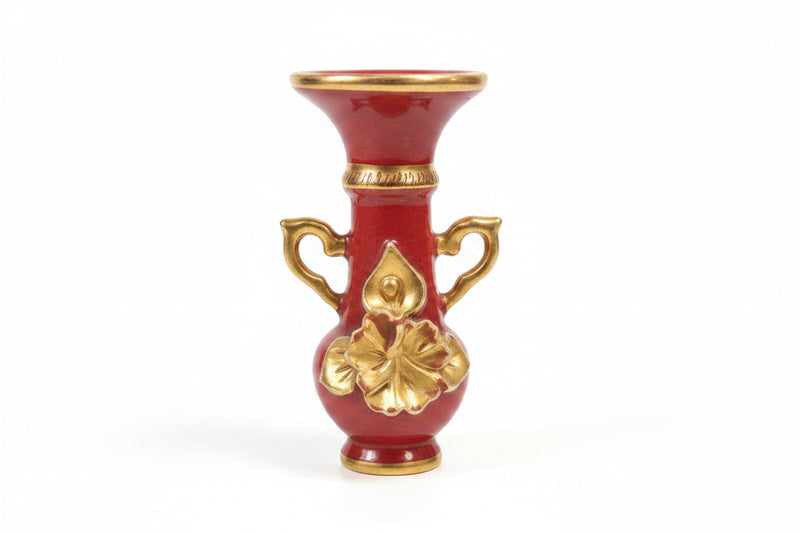 Vintage Miniature Red & Gold Floral Bud Vase - 15cm Hand-Painted Ceramic|286938716621