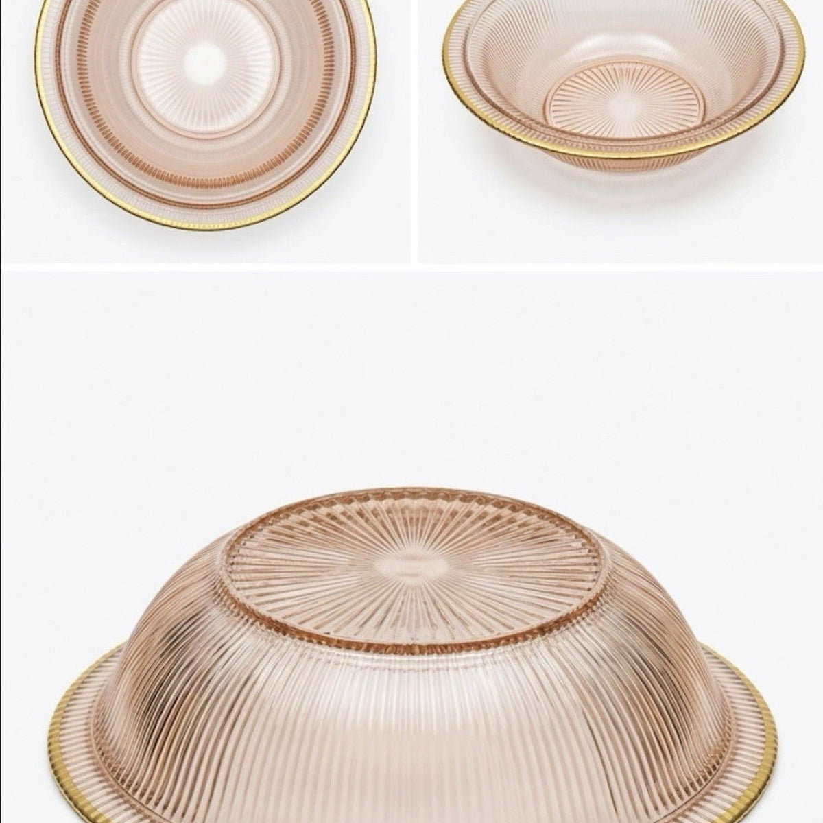 Art Deco Pink Depression Glass Bowl Gold Trim Ribbed Starburst|287256988698