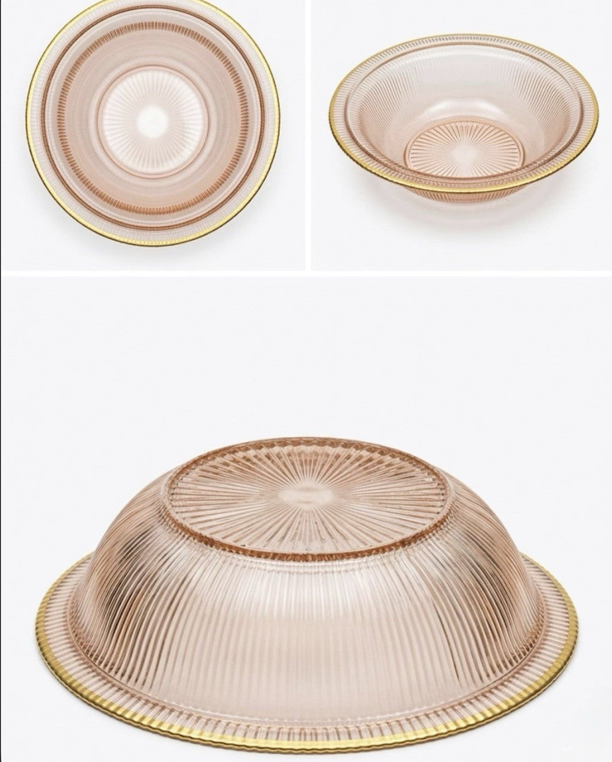 Art Deco Pink Depression Glass Bowl Gold Trim Ribbed Starburst|287256988698
